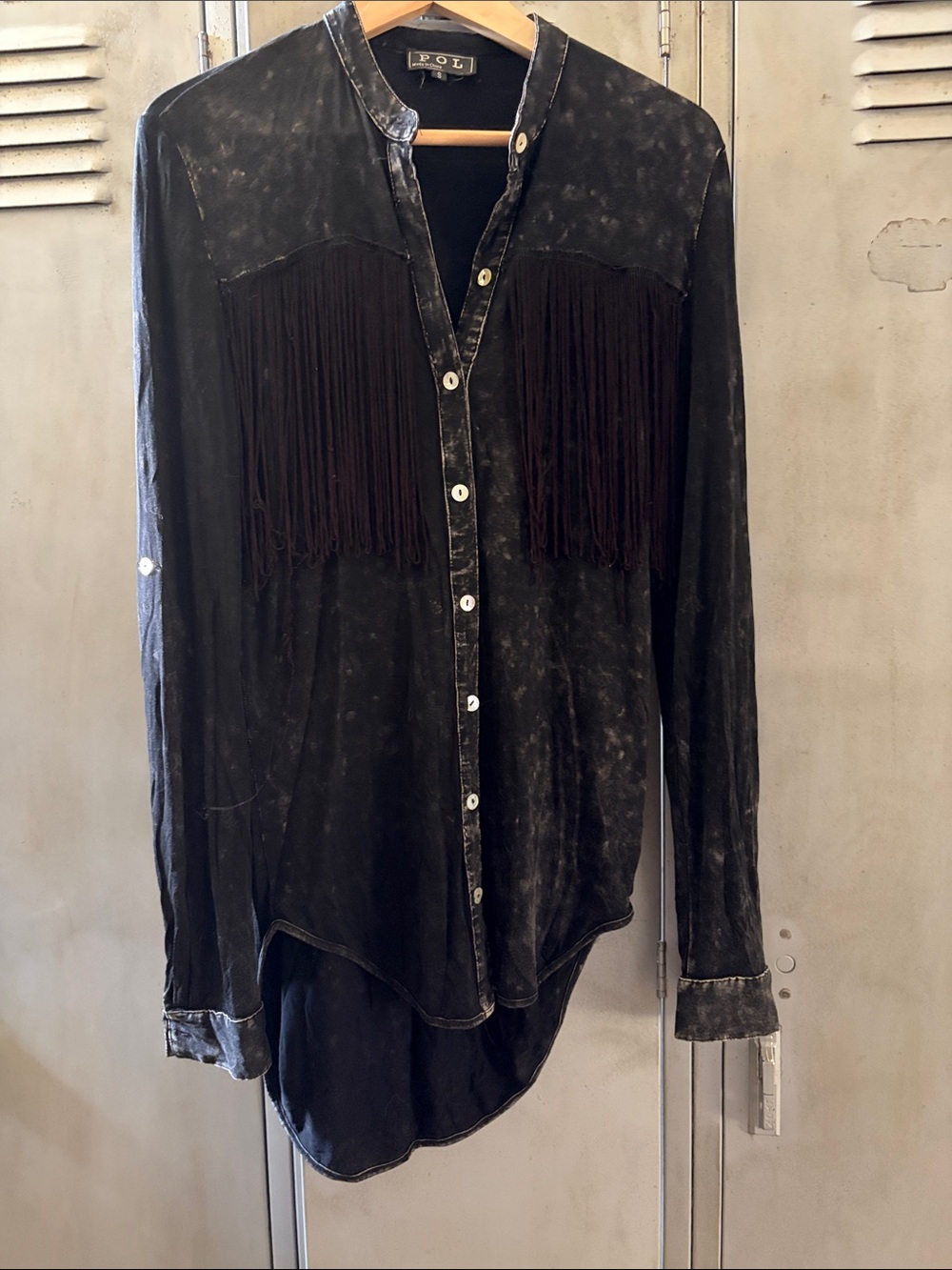 POL Black Washed Fringe Button-Down Shirt